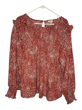 Kori Red Printed Ruffle Shoulder Smocked Cuff Boho Blouse